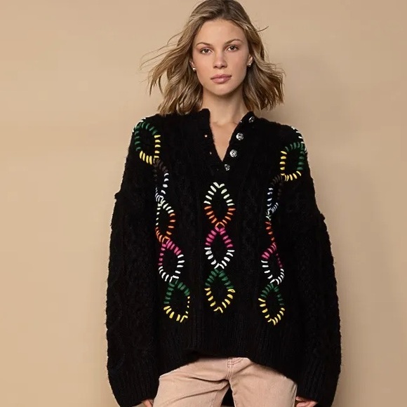 POL Sweaters - 518. POL LAST 2! Pullover Sweater Oversized Black Button V-Neck Long Sleeve